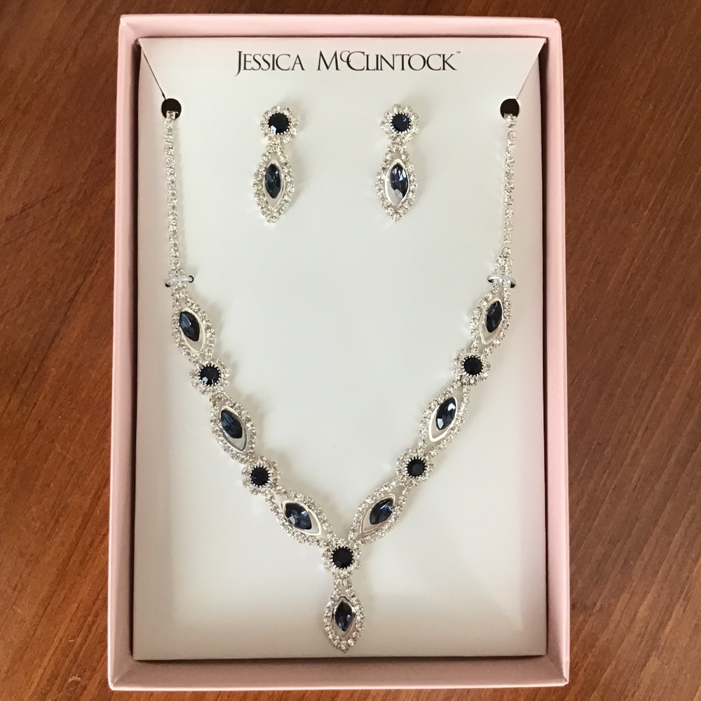 Jessica McClintock Necklace & Earring Set Rhinestone Sapphire Blue Silver Tone